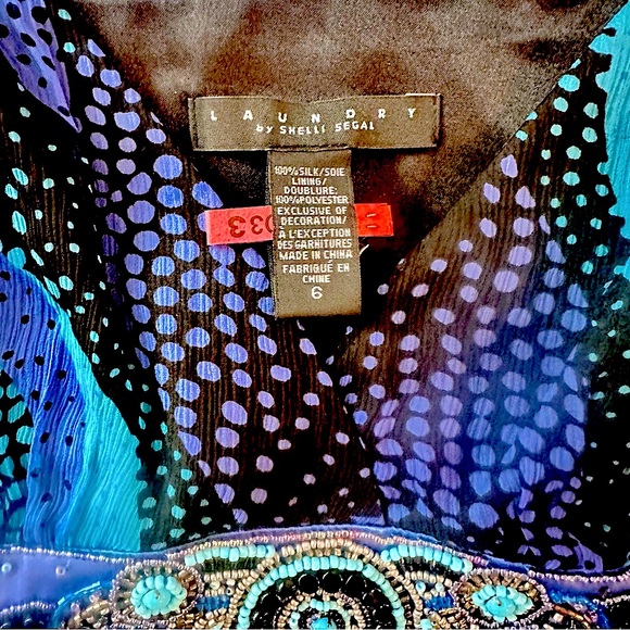 Y2K Laundry Dress Silk in Turquoise Blue Black Intricate Beadwork /Sequined - Picture 4 of 5